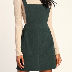 Lulus Embracing Autumn Emerald Green Corduroy Pinafore Mini Dress - Size S